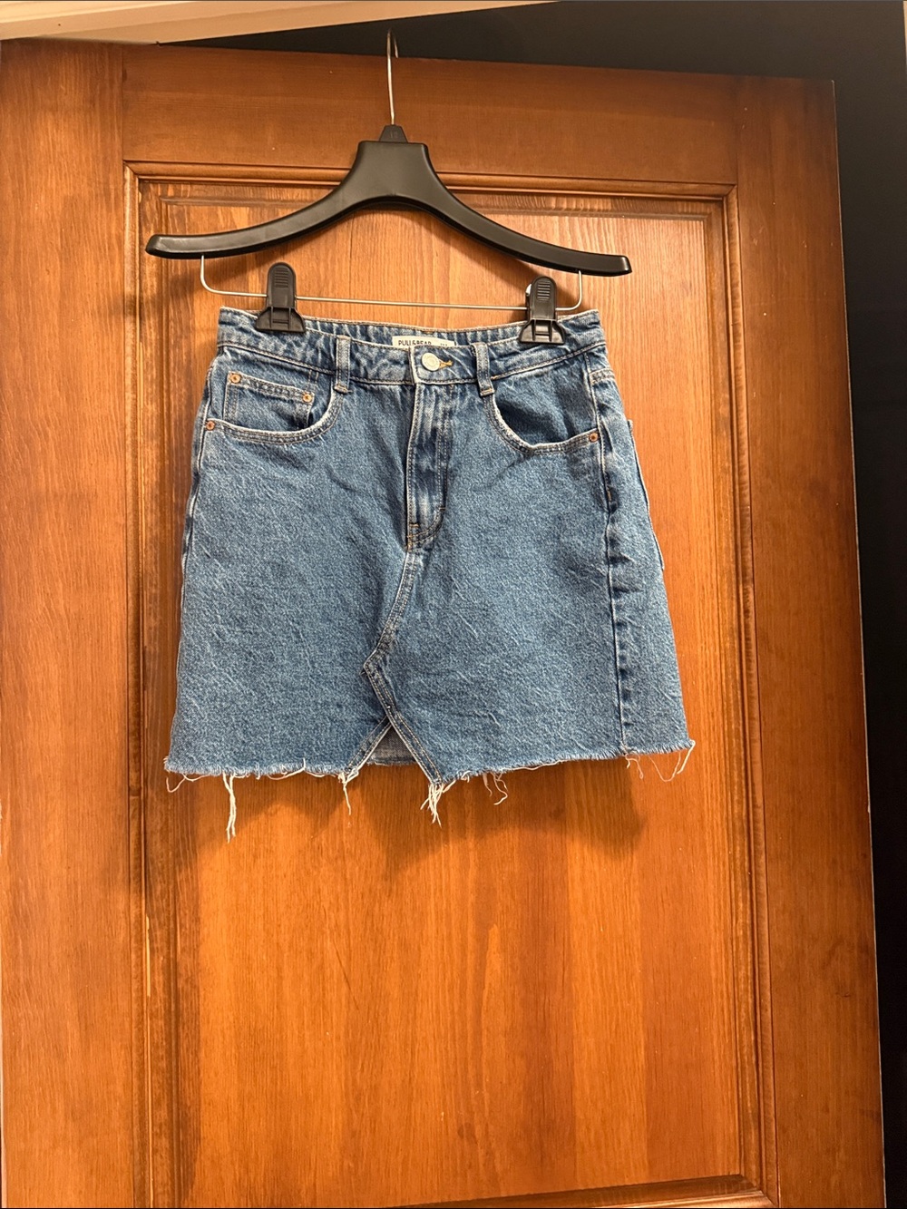 Pull&Bear Blue Denim Mini Skirt with Frayed Hem